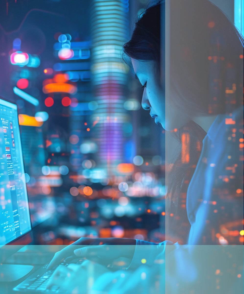 Frau an einem Coputerarbeitsplatz, modern, beleuchtet