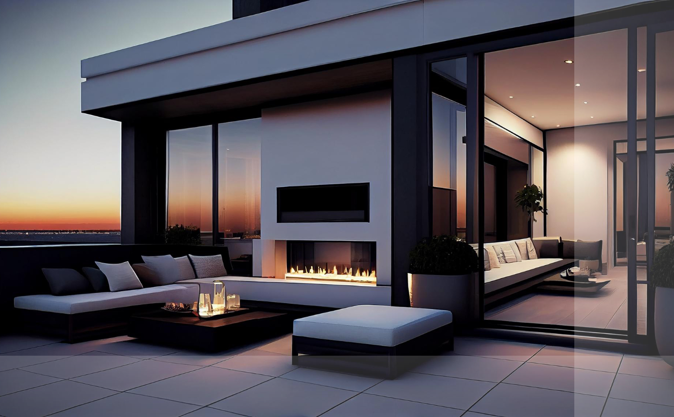 Terasse im Abendlicht, modern, beleuchtet